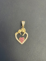 14k heart pendant with clear and red stones