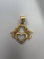 14k 2 birds and a heart pendant w/ stones