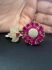 10k gold big dark pink adjustable flower ring with stones