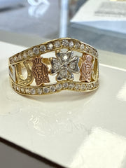 14k tri-colored ring with elephants and stones