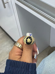 14k mens ring with black enamel and leaf symbol