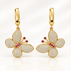 14k hanging butterflies earrings with white and pink stones