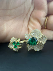 10k gold big green adjustable leaf ring with stones