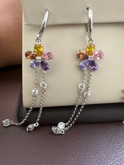 White gold long hanging earrings with colorful heart
