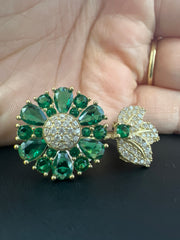 10k gold big green adjustable flower ring with stones