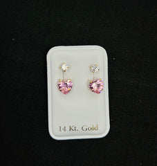 14k ladies pink heart and white stone earring