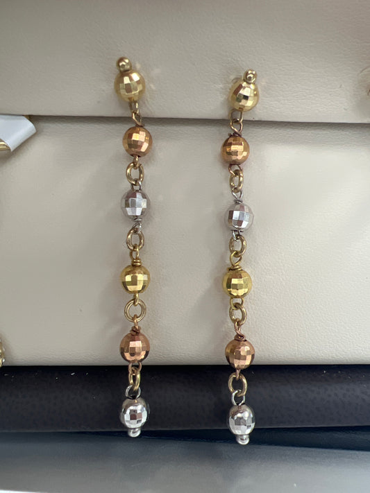 14k tri-colored long hanging earrings with balls