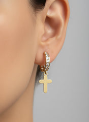 14k Earings huggies with stones and hanging plain cross