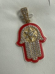 14k red fatima hand pendant con piedras