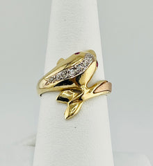 14k dolphin ring with white and red stones