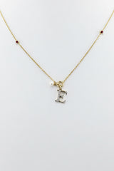 10k letter E necklace with diamond ruby and pearl
