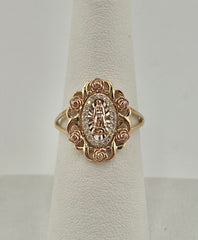 14k 3color virgin Guadalupe ring with flowers