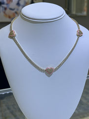 14k Tennis necklace with 3 pink color hearts 17” long