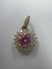 10k circle shape pink stone pendant with white stones