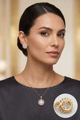 10k Earring and pendant in blue gems set in a floral-inspired sunburst halo design consisting of an inner ring of smaller round accents and an outer scalloped border of marquise-shaped necklace not included