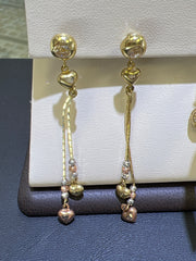 14k tri-colored long earrings with hearts and stones