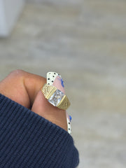 14k ring kids man with clear rectangle stone diamond brick design on the side