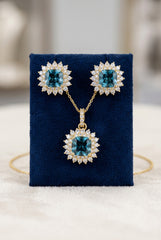 10k light Blue stone set earrings and pendant with halo design