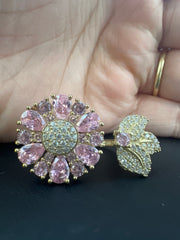 10k gold big light pink adjustable flower ring with stones