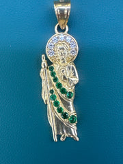 14k Christian pendant san Judas color pink and green stones