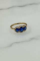 14k 3 pink blue ring with 3 stones and halo