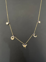 14k necklace with charms, stones, and evil eyes