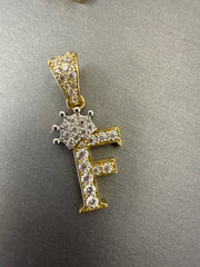 14k letter F pendant with crown on Cz’s stones