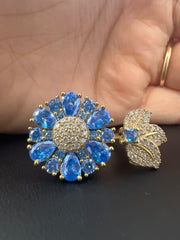 10k gold big blue adjustable flower ring with stones