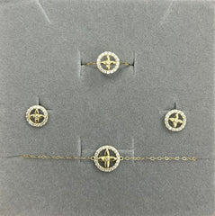 14k Earrings, ring and bracelet set clover w stones