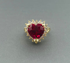 10k heart ring with red stone and halo