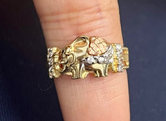 14k tri-colored elephant ring with white stones