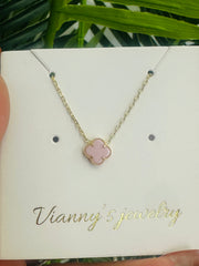 14k necklace pink color single flower clover