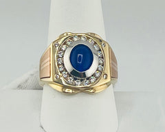 14k ring men blue stone and halo design in 3 color gold tones