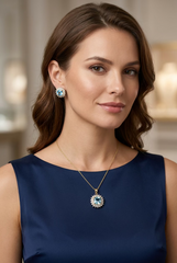 10k light Blue stone set earrings and pendant with halo design