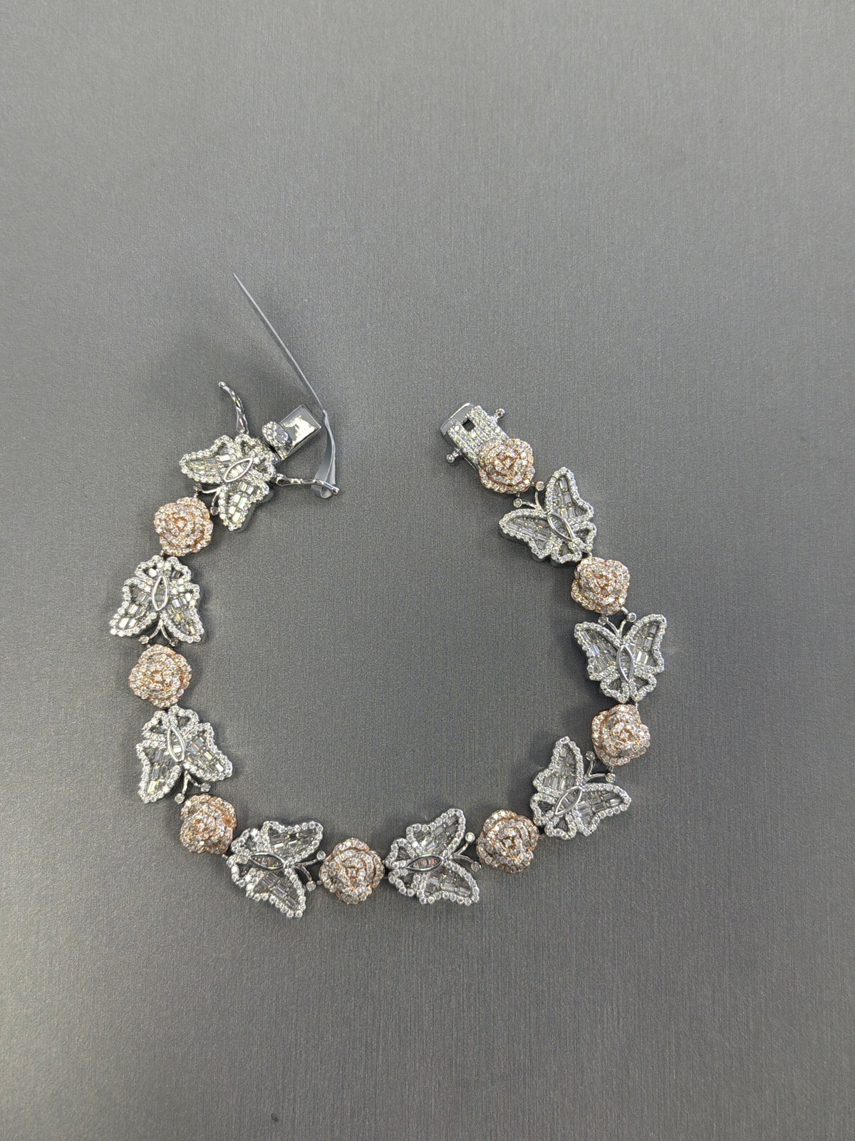 Silver moissante butterfly with roses bracelet 6.74ct