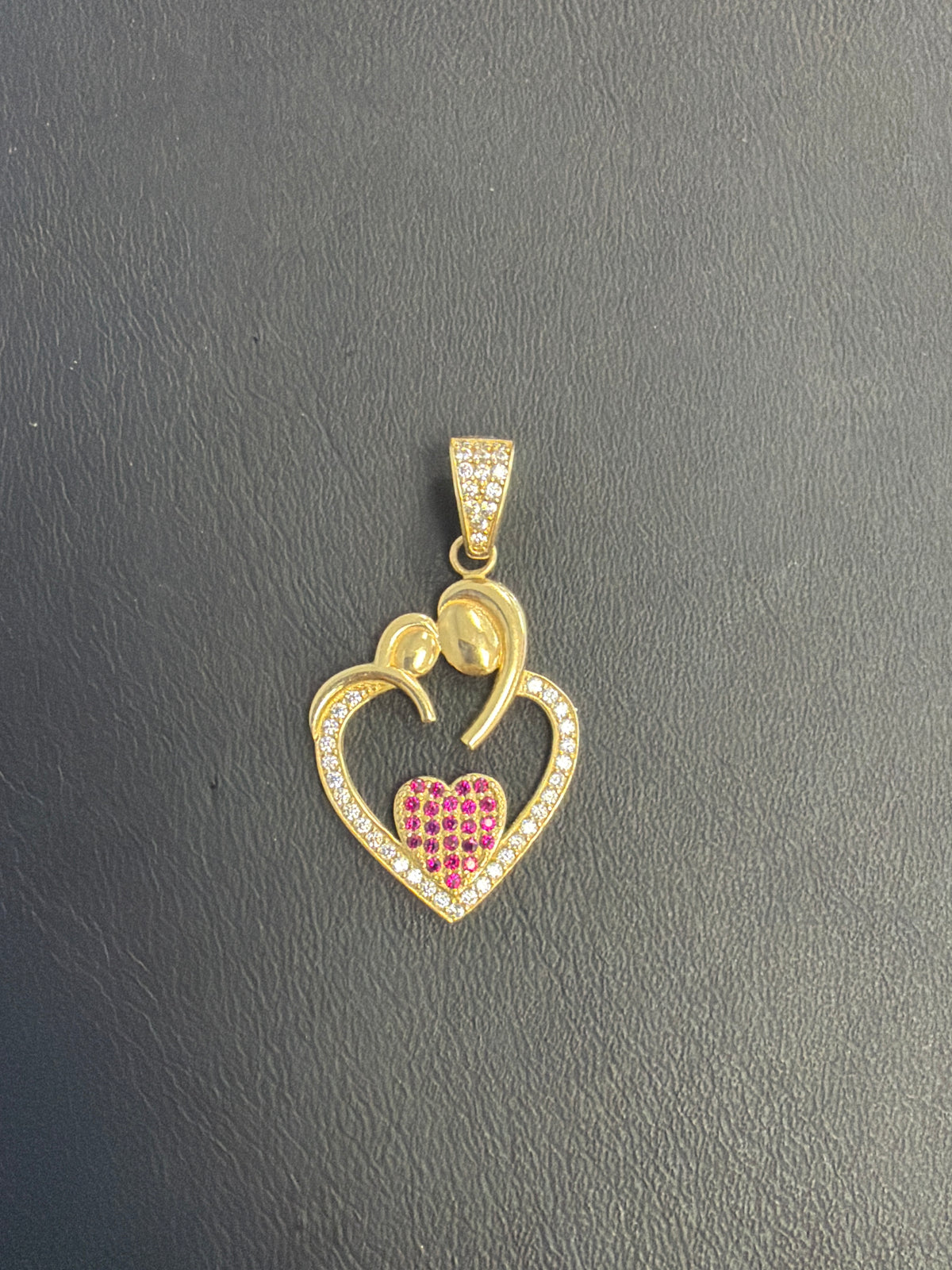 14k heart pendant with clear and red stones