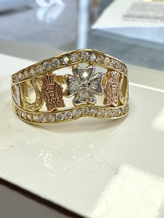 14k tri-colored ring with elephants and stones