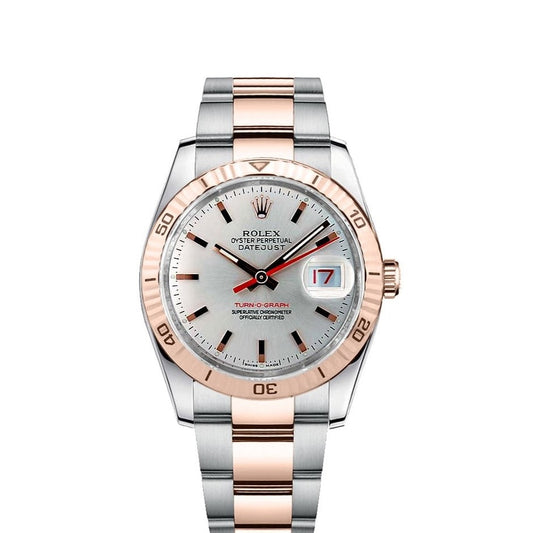 Rolex Datejust Turnograph 36mm 2 Tone 18k Rose Gold & Stainless Steel Silver Dial Fluted Bezel Oyster Steel Watch 116261