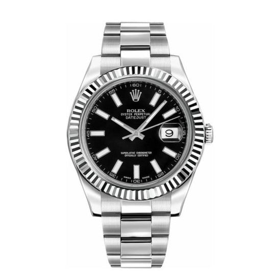 Rolex Datejust II 41mm 18k White Gold Fluted Bezel Black Dial Oyster Stainless Steel Watch 116334