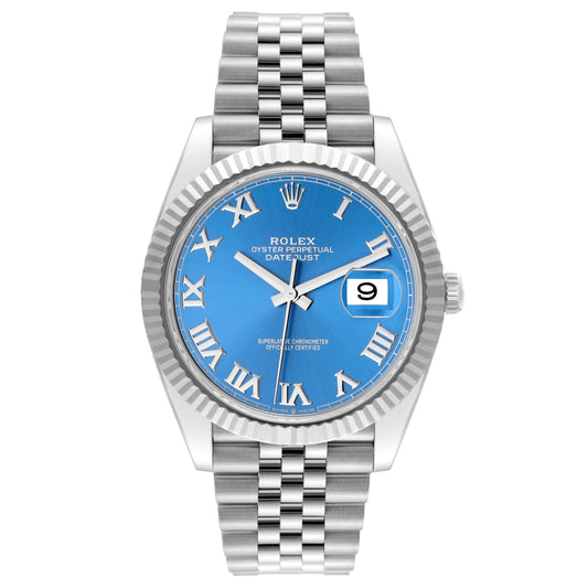 Rolex Datejust 41mm 18k White Gold Fluted Bezel Blue Roman Dial Jubilee Stainless Steel Watch 126334