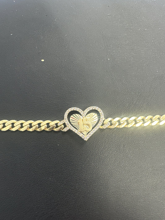 14k heart quince (15) bracelet con piedras 6.96g