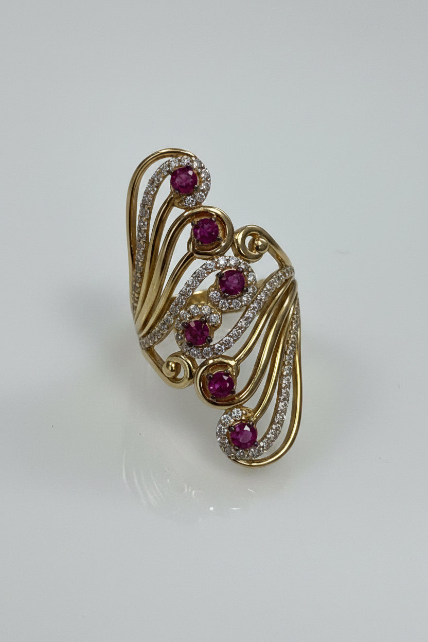 14k Ring long red and white stones fancy
