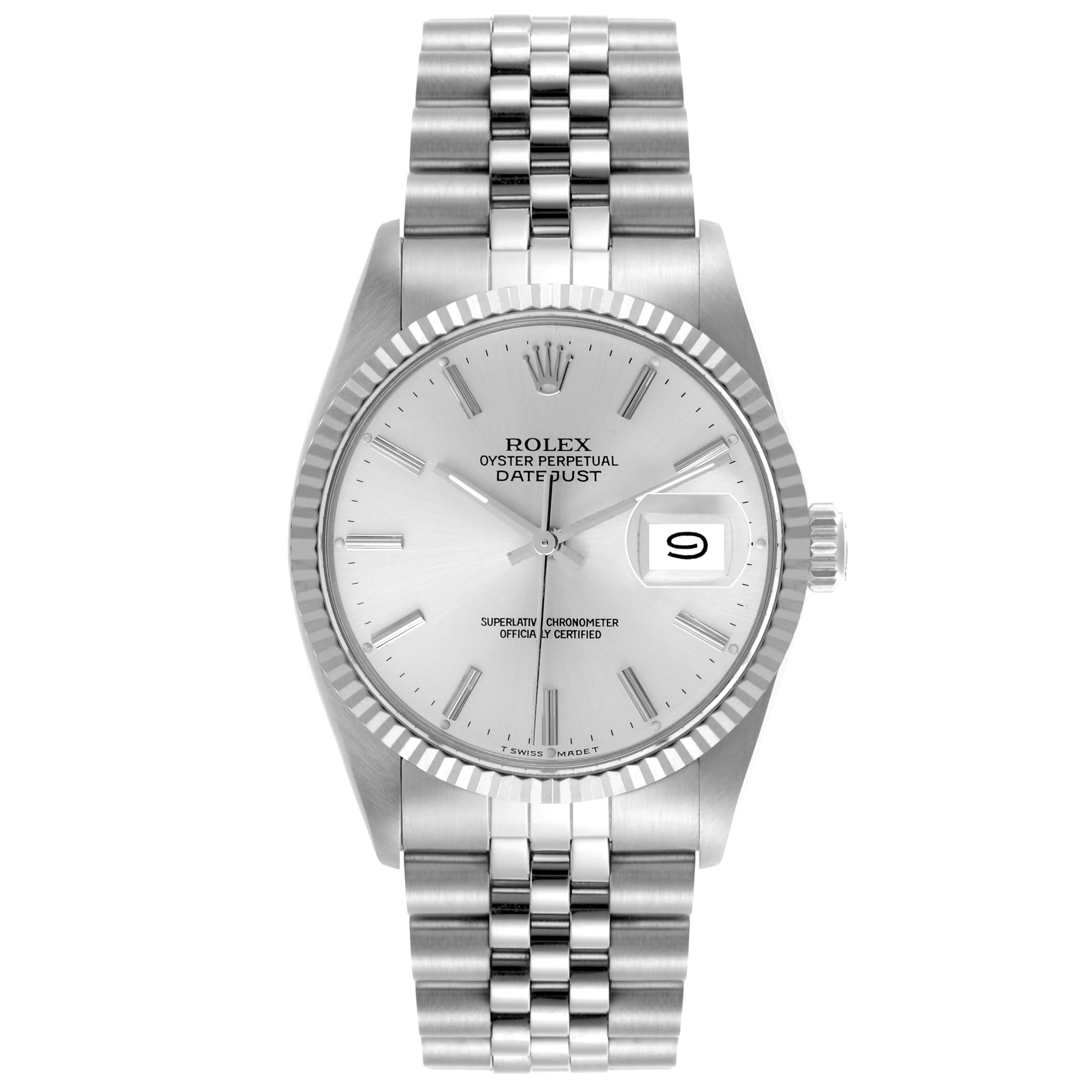 Rolex Datejust 36mm Silver Dial 18k White Gold Fluted Bezel Stainless Steel Jubilee Watch 16014