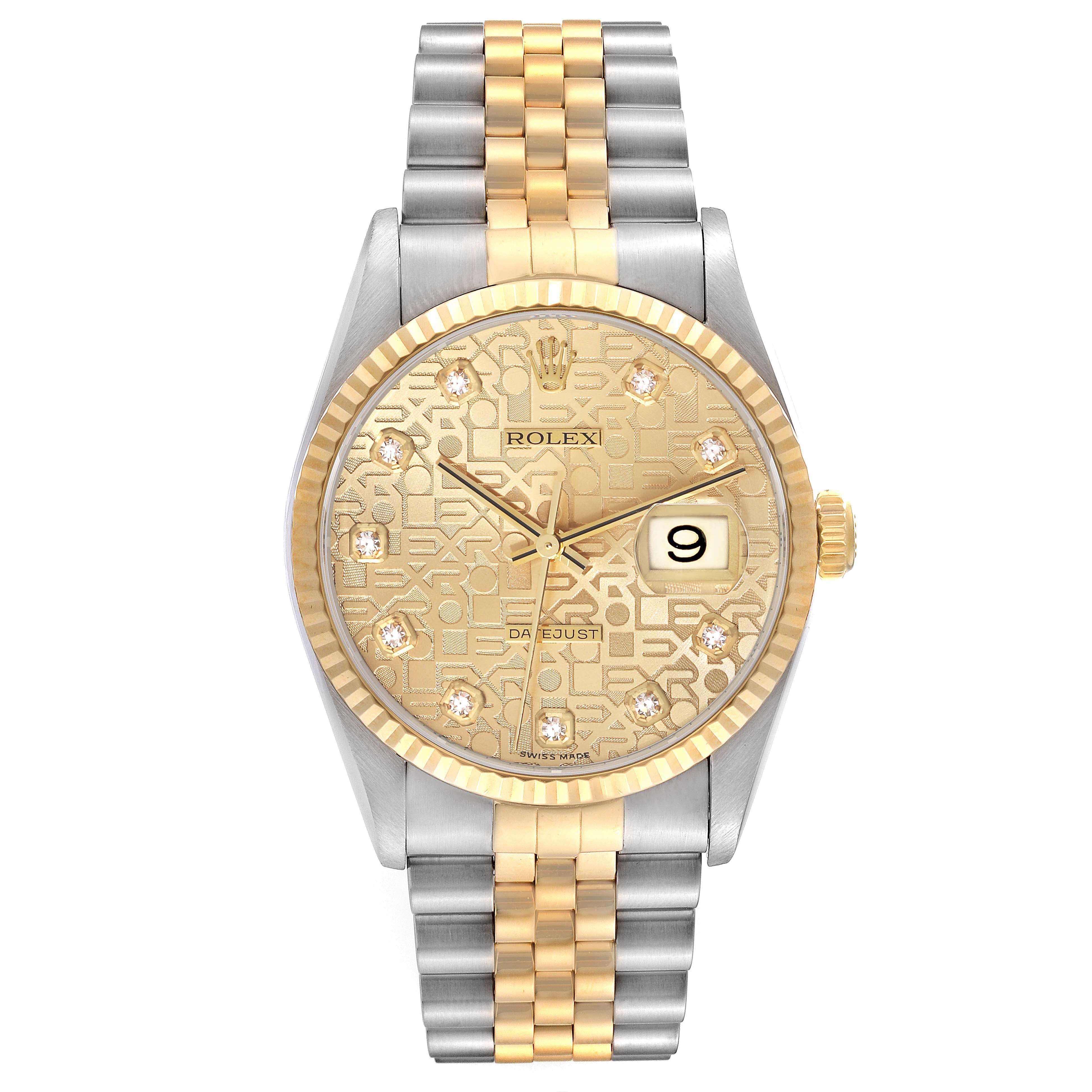 Rolex Datejust 36mm 2 Tone 18k Yellow Gold & Stainless-Steel Anniversary Diamond Dial Fluted Bezel Jubilee Watch 16233