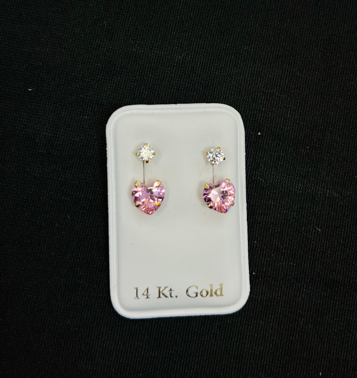 14k ladies pink heart and white stone earring