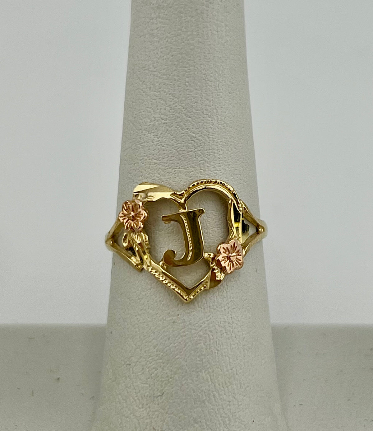 14k ring ladies heart letter J with pink flowers