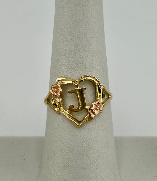 14k ring ladies heart letter J with pink flowers