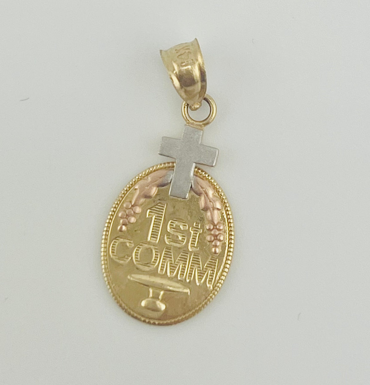 14k solid gold 1st Communion medal pendant cross kids