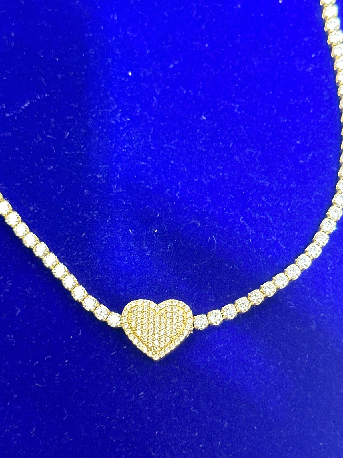 14k tennis necklace heart 17” with stones yellow gold