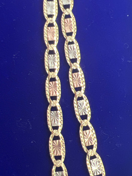 Tri-colored 14k valentino necklace 22” 33.21g 6.5 mm